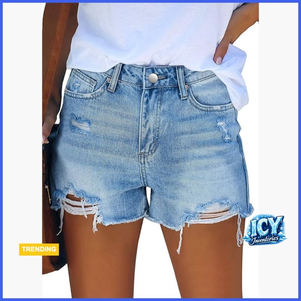 Mid-High Waisted Ripped Denim Shorts Stretchy Summer Jean Shorts
